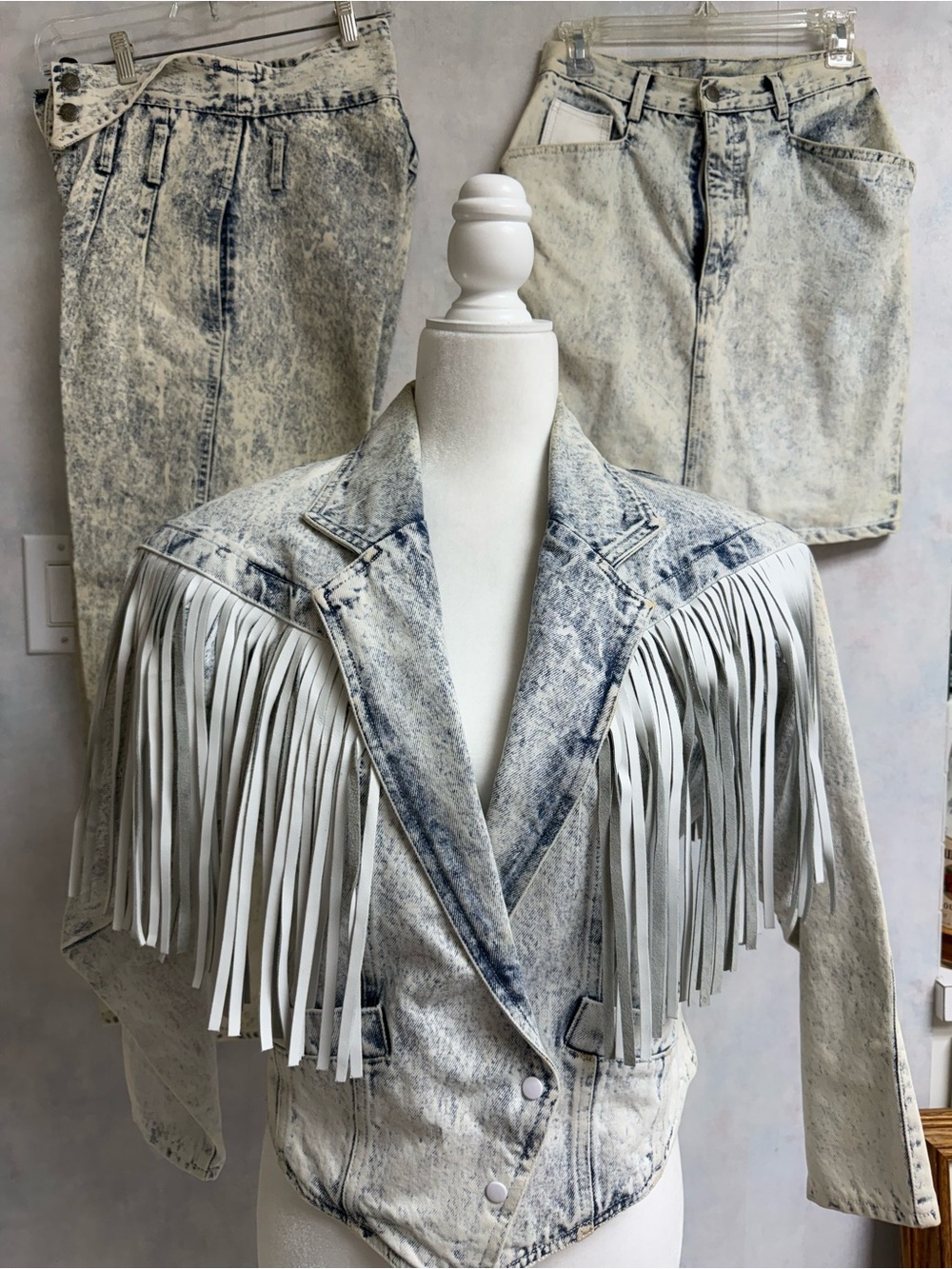 VTG 3 Pc Acid Washed Denim Waist Jacket, White Leather Fringe, Pants& Mini Skirt